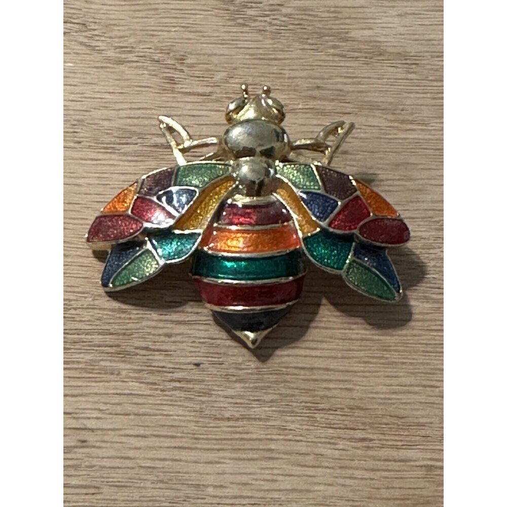 Don-Lin Gold Tone Enamel Bee Wasp Fly Insect Brooch Pin Signed Colorful